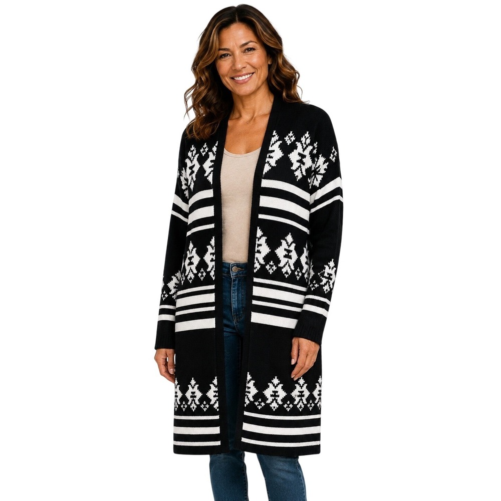 Knox Rose M Black White Fair Isle Longline Open Front Cardigan Sweater Pockets